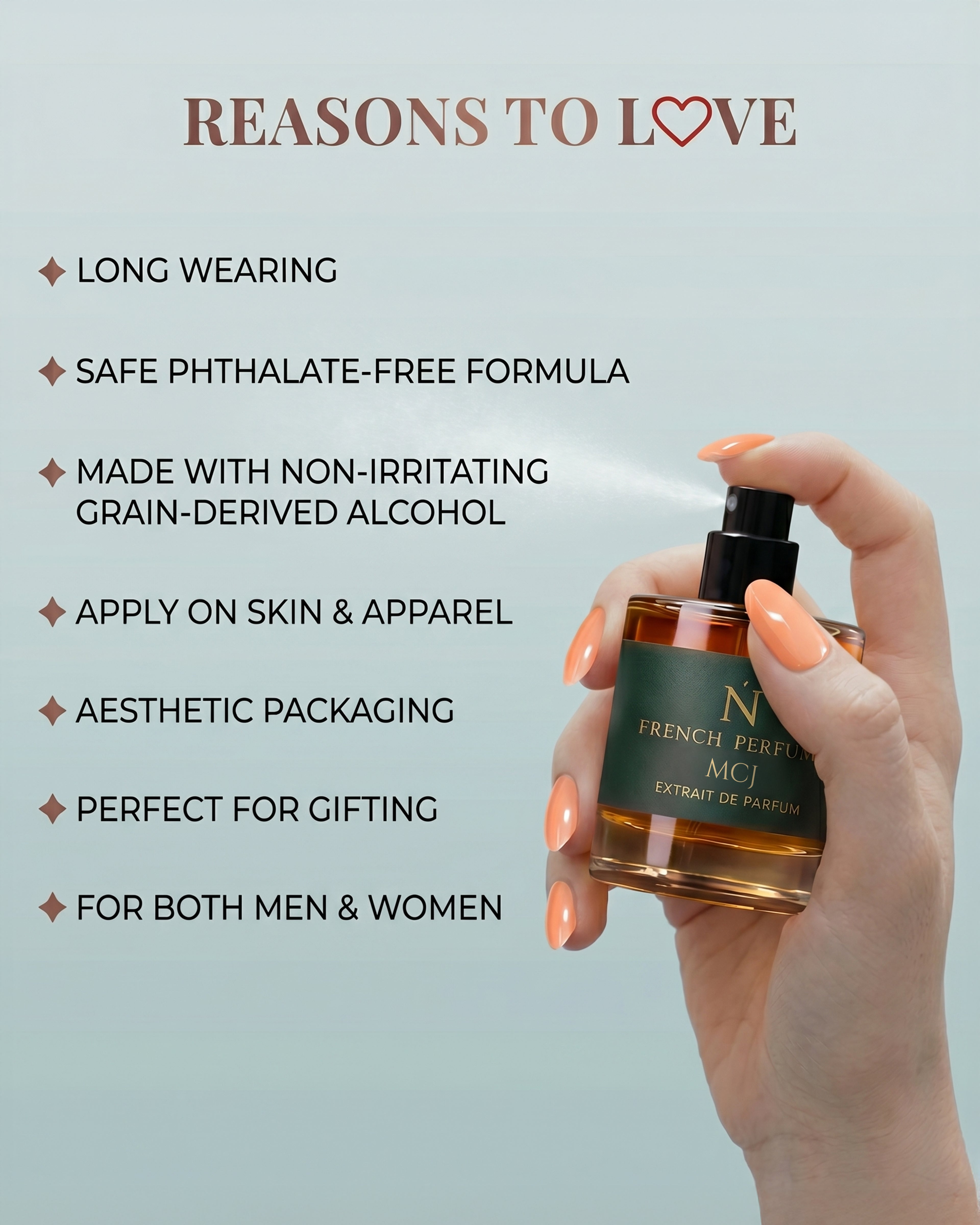 A hand with peach-colored nails holds a small amber perfume bottle labeled 'N French Perfume AKA' against a pale blue background, with marketing text on the left reading 'REASONS TO LOVE' and bullet points about long wearing, phthalate-free formula, non-irritating alcohol, skin and apparel application, aesthetic packaging, and suitability for men and women.